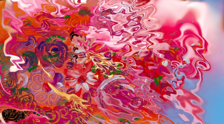 abstract floral suggestion liquid image with flowers and fluid shapes on blurred background