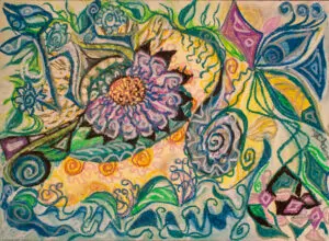 Abstract happy nature art image composition with floral pattern and elements of nature, swirls, curls, bended lines and round figures, in tones of blue, green, yellow, purple, violet and black.