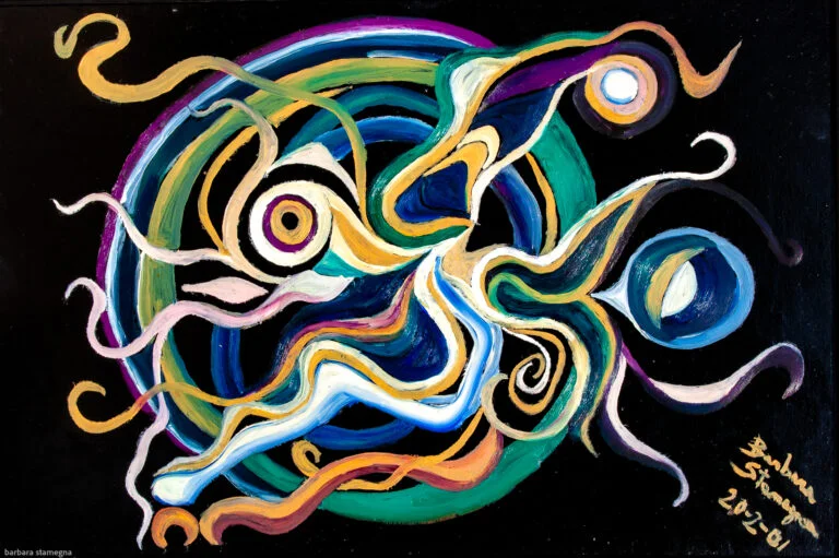 Multicolored oil painted abstract butterfly on circle in purple, white, light and dark blue, yellow, violet, pink and green on black enamel background.