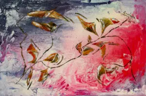 Abstract painting evoking a tepid fall with yellow, green, white, red, orange, brownish leaf and flowers like shapes and branches and lines on pink, white, gray, red, enamel rough texture background, with nuances and shades.
