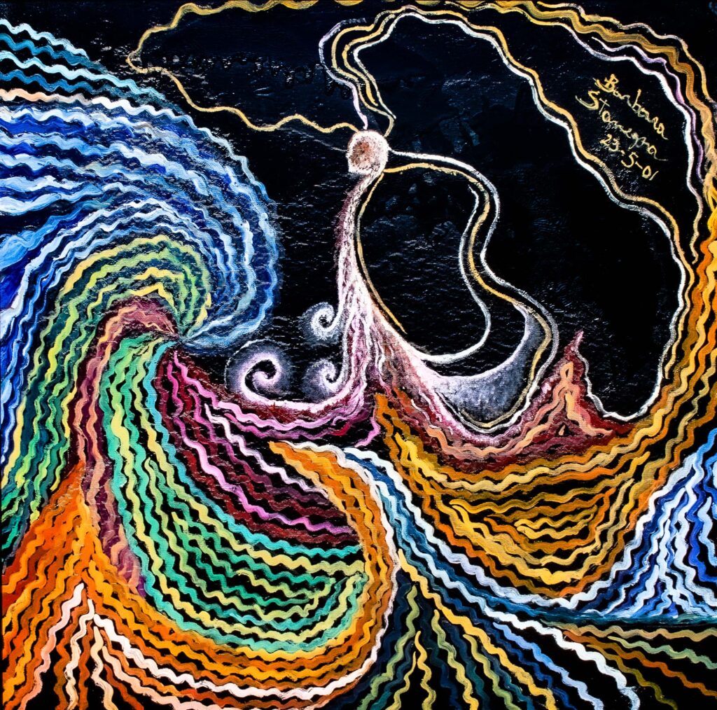 abstract waves and bent lines in green,blue,brown,putple with many shades on black background in mixed technique painting 