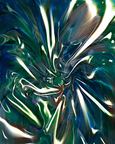 Liquid shining vortex abstract art image in dominant blue and green colours with white converging shapes