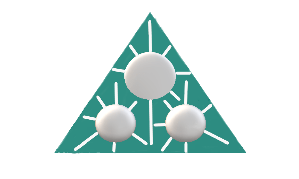 tradigitalart logo composed of a triangle with three spheres, each one with seven rays