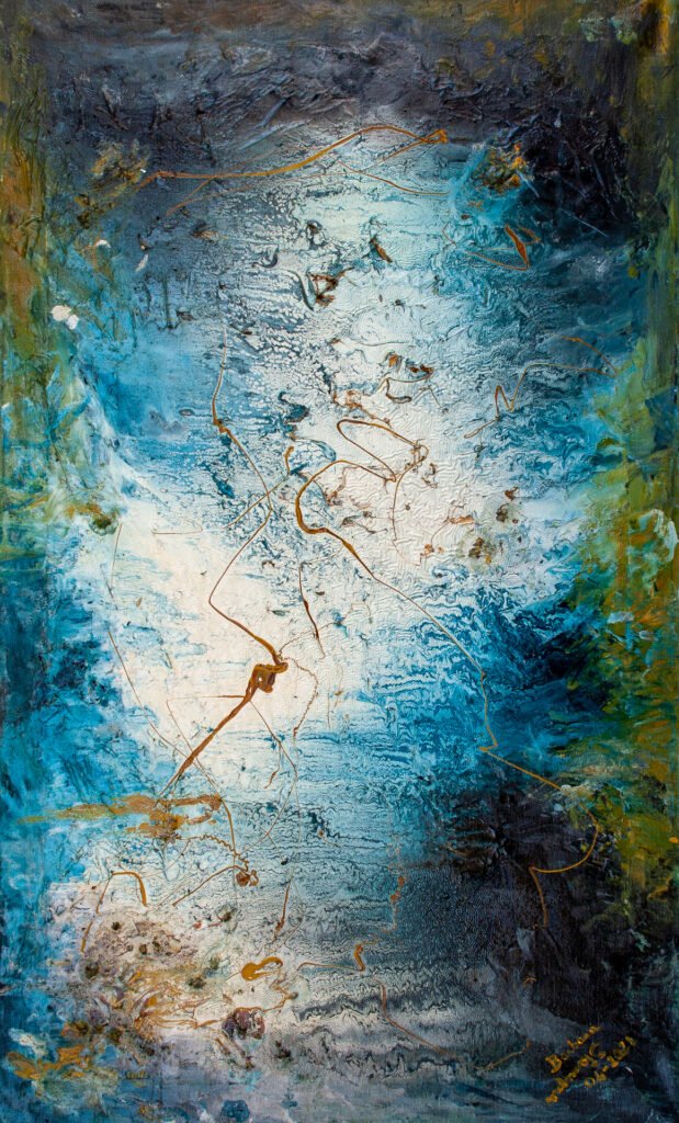 Deep Down Inside Abstract mixed technique painting on canvas and enamel colours with mottled background and blurred tones of blue, white and black