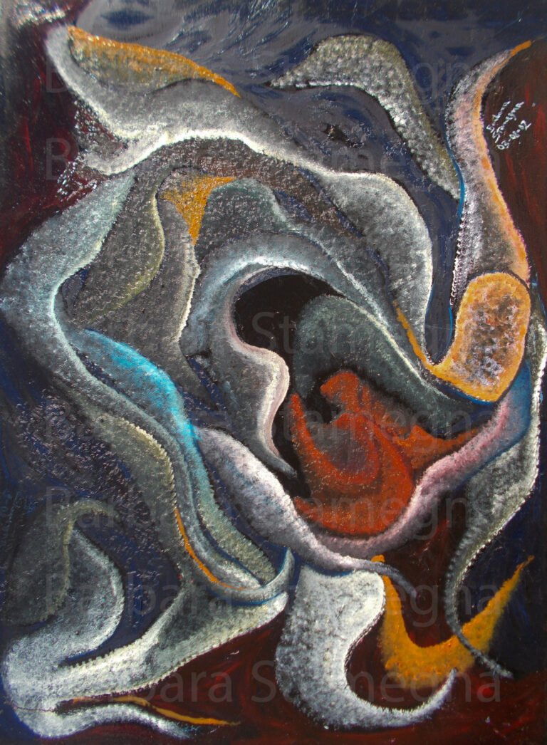 abyss abstract painting with fluid forms and round shapes in white, black, red, orange and blue colours