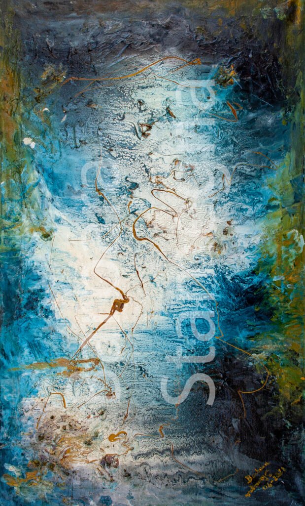 deep down inside abstract original painting on canvas in blurred tones of blue, white and black