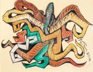Abstract painting evoking an octopus with bended lines and curved shapes multicolored tentacles like image in red, orange, green, yellow, brown, blue, gray, white oil colors, on creamy white background