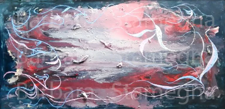 Fairy abstract painting in blue, light blue/violet, white, pink, leaf like shapes and branches with lines on blue, white, red, violet, pink white background