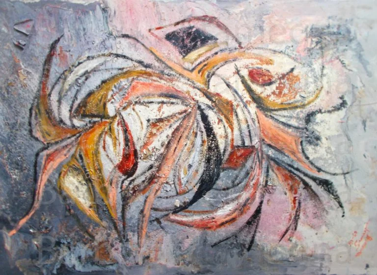 ash and ember intuition abstract painting in warm tones with bent shapes and lines
