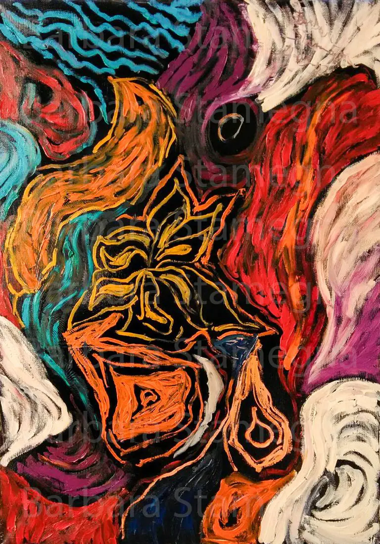 petals on water abstract painting in warm tones and fluid shapes