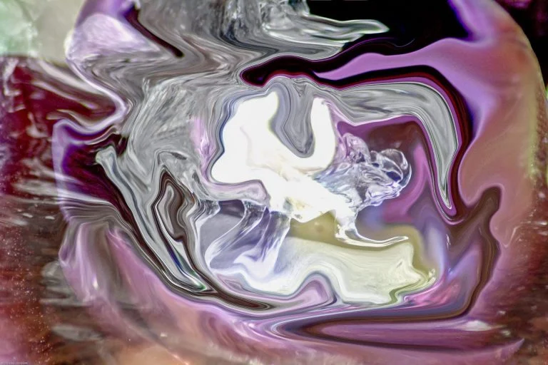 fluid ice abstract image with purple fluid color and white fluid shape with transparencies
