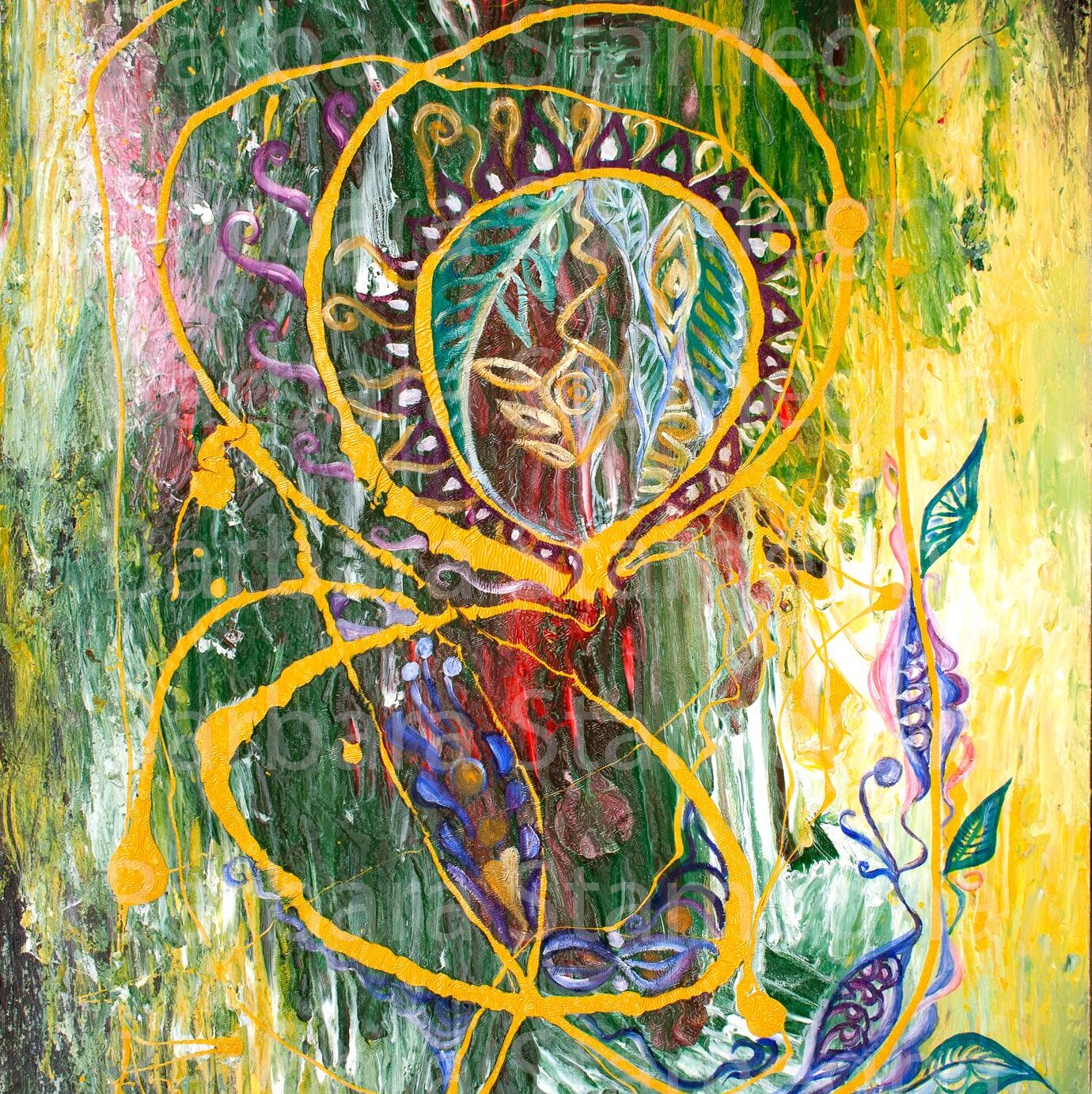 the spiritual gift abstract mixed technique multicolored painting with flowery shapes and bent lines